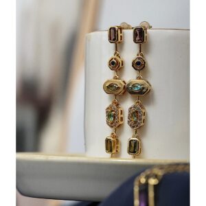 Golden Mosaic Çok Taşlı Sıralı Altın Renk Çelik Sallantılı Küpe