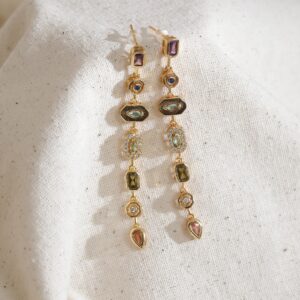 Golden Mosaic Çok Taşlı Sıralı Altın Renk Çelik Sallantılı Küpe