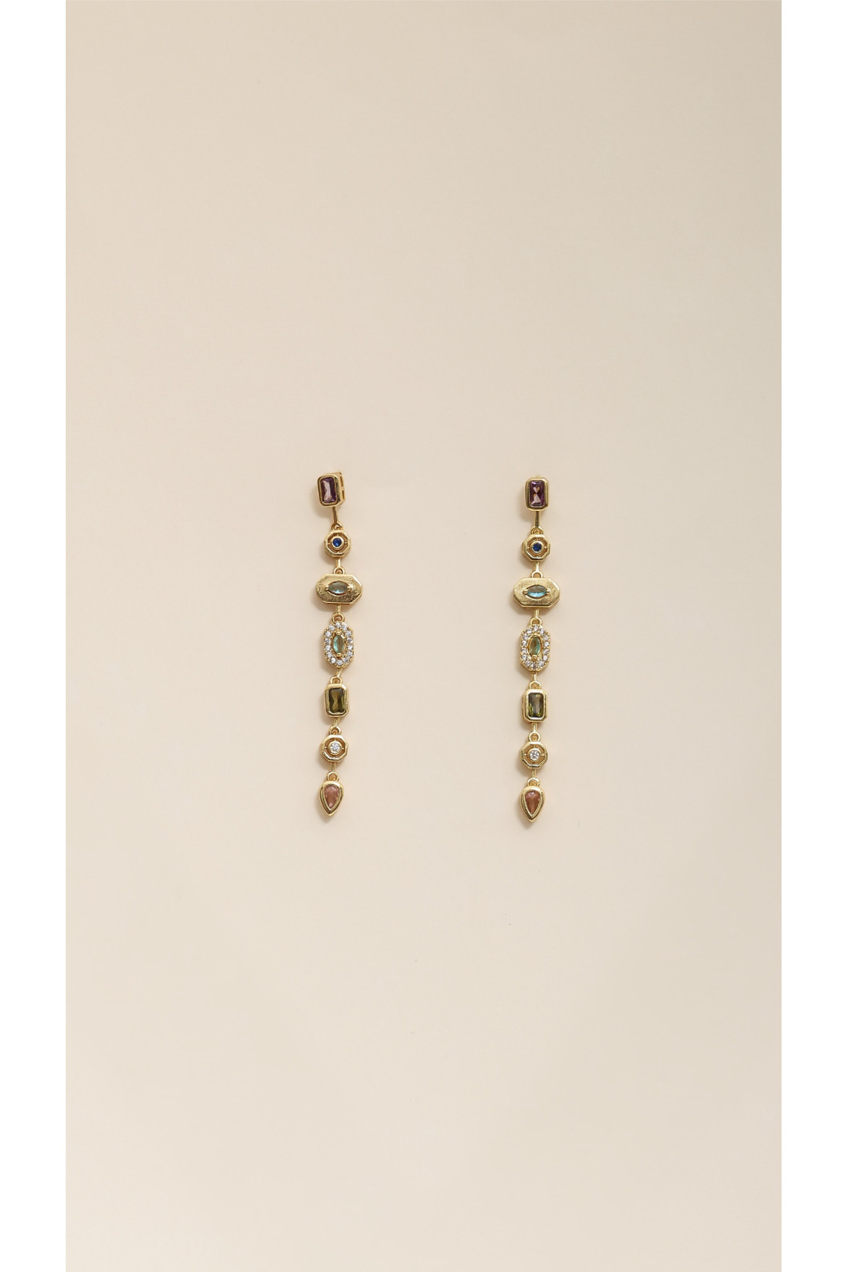 Golden Mosaic Çok Taşlı Sıralı Altın Renk Çelik Sallantılı Küpe - Görsel 3