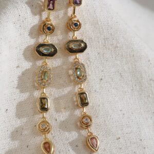 Golden Mosaic Çok Taşlı Sıralı Altın Renk Çelik Sallantılı Küpe